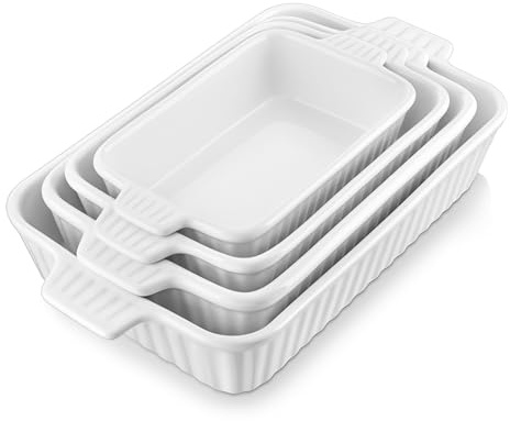 MALACASA Casserole Dishes for Oven, Porcelain Baking Dishes, Ceramic Bakeware Sets of 4, Rectangular Lasagna Pans Deep with Handles for Baking Cake Kitchen, White (9.4/11.1/12.2/14.7), Series