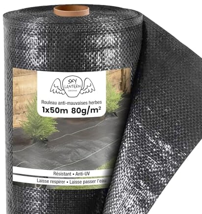 SKYLANTERN Toile de Paillage 100g/m² - Geotextile Anti Repousse 50Mx1M pour Jardin Potager - Bache Anti Mauvaises Herbes 100g pour Potager