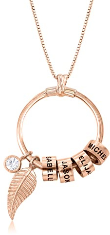 MyNameNecklace MYKA - Personalisierte Linda Kreisanhänger-Kette mit Blatt und Beads - Graviert Name Schmuck Geschenk für Damen - Mutter - Freundin