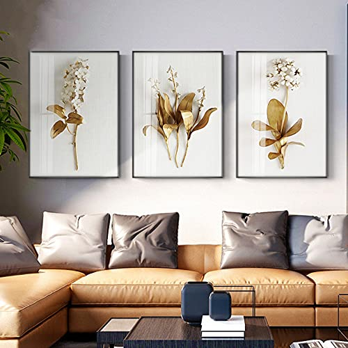 TBDY 3Stück Golden Pflanzenblatt Bild Wohnzimmer Schlafzimmer Vintage Leinwandbilder,für Deko Schlafzimmer Küche Modern Wandbild mit Poster Kunstdrucke (50x70cm x3)