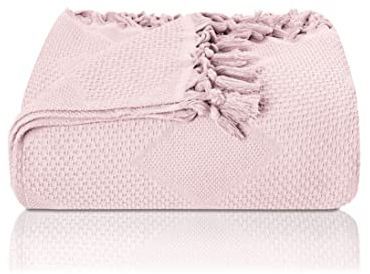 LAYNENBURG Premium Tagesdecke mit handgeknüpften Fransen - 100% Baumwolle - 180 x 220 cm - Waffelpique Sommerdecke - Baumwolldecke als Bett-Überwurf, Couch-Überwurf & Sofa-Decke (Rosa)