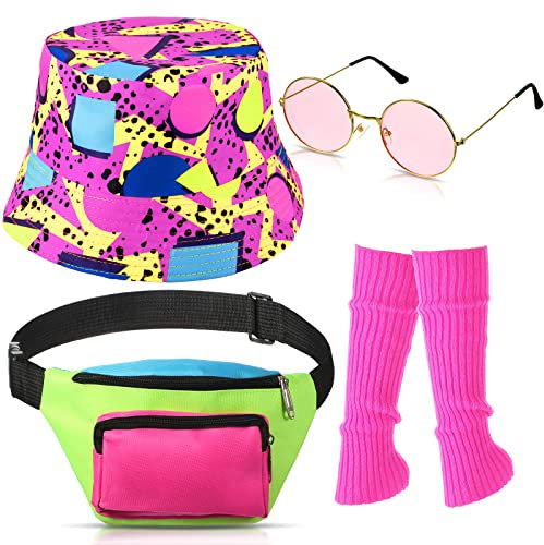 Jadive 4 Stück Neon Retro 80er Kostüm Set 80er 90er Vintage Eimer Hüte Gürteltasche Neon Strick Beinlinge Sonnenbrillen für Halloween Damen Cosplay Party