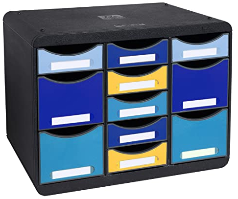 Exacompta 3137202D Ablagebox BeeBlue aus Recycling-Kunststoff mit 11 individuell platzierbaren Schubladen. Belastbare Schubladenbox im Querformat für mehr Ordnung. Store Box Multi Blauer Engel