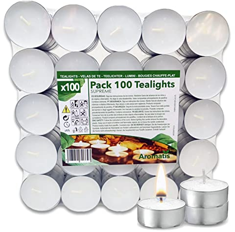 AROMATIS - 100 x einzelne, weiße Teelichter ohne Duftstoffe - geruchlose Teelichter Ø 39 mm Durchmesser - Brenndauer 4 h - Ideal für Geschirrwärmer, Dekoration, Ambiente, Essenzbrenner