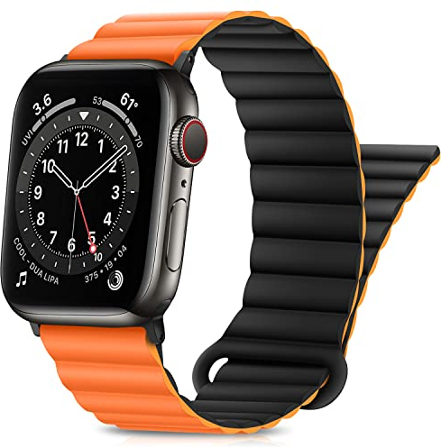 HITZEE Compatible avec Bracelet Apple Watch 49/46/45/44/42/41/40/38mm, Bracelet Magnétique Double Face Compatible pour iWatch Ultra 2 Série 10 9 8 7 SE 6 5 4 (38/40/41/42, Orange Noir)