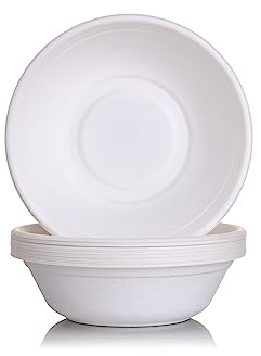 GoCoPack Bagasse Bowls: Pack of 50-32oz (900ml) White Round Strong Bagasse/Sugarcane Large Bowls - Eco Friendly 100% Biodegradable and Home Compostable