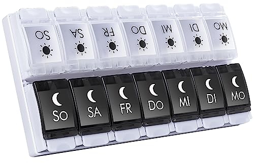 MERICARGO Tablettenbox 7 Tage Morgens Abends, Tragbare Pillendose 7 Tage 2 Fächer, Druckknopf Tägliches Pillenbox für Vitamine, Fischöl, Ergänzungsmittel