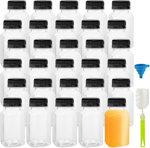 FUNSUEI 30 PCS 5oz/150ml Juice Shot Bottles with Lids, Plastic Empty Drink Bottles for Mini Fridge,Drink Shot Containers for Milk, Juice, and Other Beverages