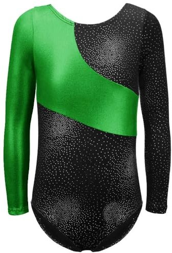 XiaoMoSha Gymnastics Leotards for Girls Long Sleeve/Sleeveless Dance Leotard Sparkle Ballet Dancewear for Kids,Black Green,5-6 Years