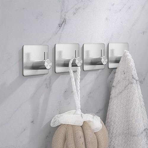 Monsully 4 Piezas Ganchos Adhesivos para Pared, Colgador Toallas sin Taladro, Colgadores Adhesivos Resistentes Acero Inoxidable 304 Percha Pared Ganchos Adhesivos, para Llaves, Ropa, Plata