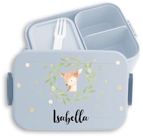 Kinder Bento Box Midi für Mepal Bentobox - Brotbox süßes Reh Lunchbox Rehkitz Vesperbox I - 900 ml - Hellblau - brotdose kindergarten brotzeitbox mädchen schule rehlein name snackbox brotdosen