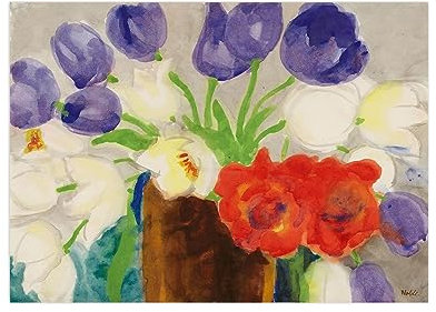 JZSDGB blaue und weiße Tulpenblüten in einer Vase von Emil Nolde Giclée-Leinwanddruck Berühmte Bild auf Leinwand Wandkunst Leinwandbilder für die Wanddekoration 50x70cm(20x28in) Rahmenlos