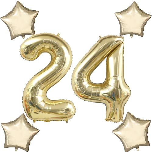 Blasses Gold Luftballons Zahl 24+4 pcs stern Folienballon Zahl 24 .Geburtstag frau mädchen,40 Riesenzahl Ballons 24 .geburtstagsdeko mann,Zahlenballon 24, Helium Ballons 24 Zahlen Luftballon