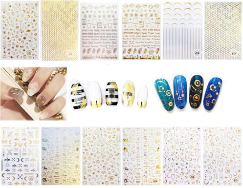 12-Blätter Aurora Holographische Nail Art Aufkleber Selbstklebende Sterne Mond Nagel Aufkleber Dekorationen Kreis Linie Nagel Aufkleber für DIY Nagel Maniküre