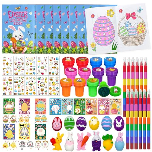 72 Stück Oster-Partygeschenke, Ostereier, Hase, Schulaustausch, Geschenke, Malbücher, Stapeln, Buntstifte, Tattoo-Puzzle, DIY-Aufkleber, Stempel, Klasse, Belohnungspreise für Ostern, Partyzubehör