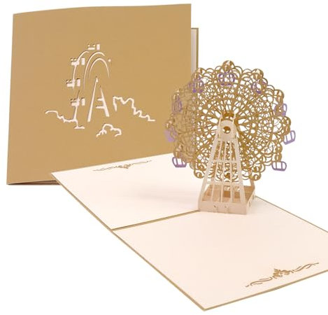 Curqia Pop-Up-Karte, handgefertigte Riesenrad-Kunstkarte mit Umschlägen und Notizanhänger, für Damen, Herren, Kinder, 1 Stück
