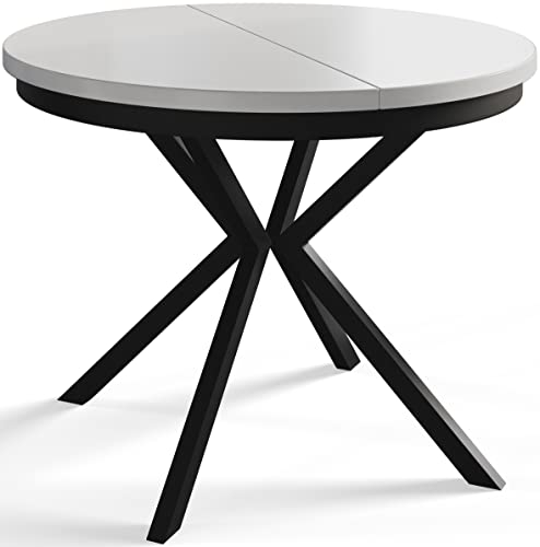 AlpiMeble Runder Esszimmertisch BERGO, ausziehbarer Tisch Durchmesser: 90 cm/170 cm, Wohnzimmertisch Farbe: Weiß, mit Metallbeinen in Farbe Schwarz