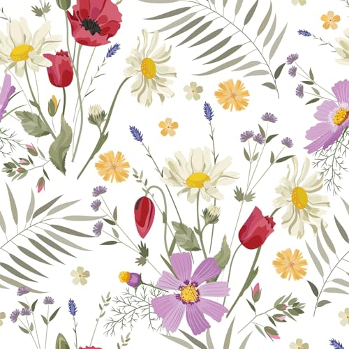 VaryFloral Papier Peint Adhesif Mural Blanc Papier Peint Fleuri 30.5cmx300cm Film Autocollant Meuble Fleuri Colorées Adhesif Mural Decoratif Marguerite Cuisine Salon Chambre