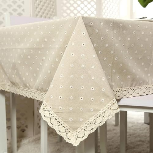 Tischdecke Küche Modern, Baumwolle Polyester Gänseblümchen mit Spitzensaum Tischtuch für Küche, Picknick, Tischdekoration, Beige, 140 x 220 cm