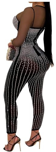 ieron Kvinnor nätklänning ren strass ren gnistrande elegant nattklänning för fest speciell dag, Medium nätbodysuit, M