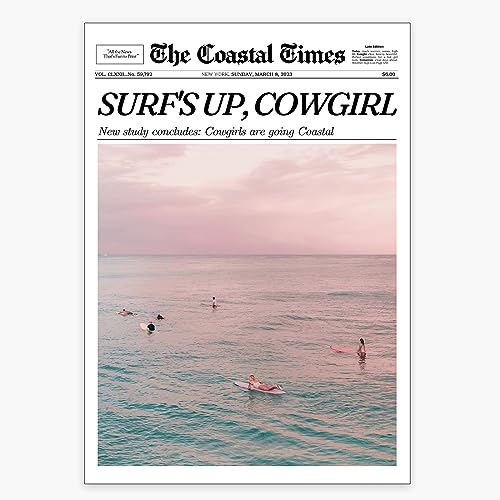 UNXIS Zeitungsposter mit Strand-Motiv, Sommer-Strand, Leinwand, Wandkunst, Cowgirl, Surf, Bilder, Blau, Rosa, adrett, Raumdekoration, ästhetischer Druck, 40,6 x 61 cm, ungerahmt