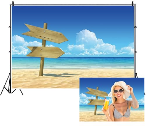 Ttincceer Sommer Seaside Backdrop 150x100cm Strand Meer Wasser Blau Himmel Weiß Wolken Fotografie Hintergrund Holz Indikator DIY Party Banner Schwimmbad Seaside Party Backgrounds