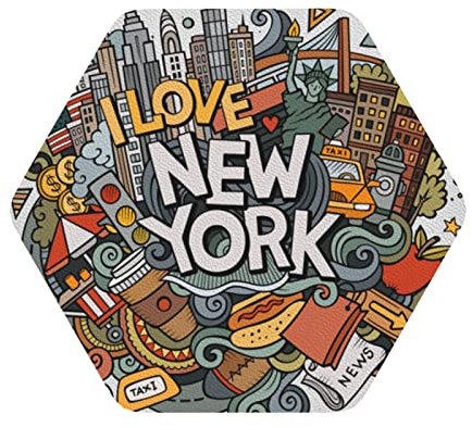 Dessin animé mignon New York American Theme Art Print Set de sous-verres en cuir de qualité supérieure - Design exquis imprimé sur un seul côté - 6 pièces, 4 formes incluses