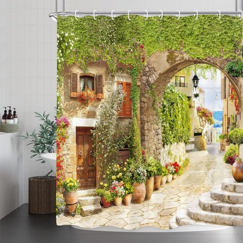 GOOESING Garden Shower Curtain Leaves Flowers Floral Shower Curtain Landscape Bathroom Curtain with Hooks Bathroom Bathtub Decor Washable Durable Waterproof Fabric 180x180cm
