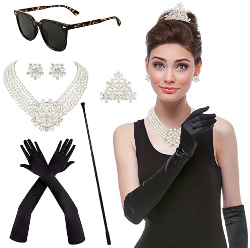 Horolam 6PCS 1920er Accessoires, Holly Golightly Kostüm 20er Jahre Accessoires Perlenkette Ohrringe Handschuhe Sonnenbrille für Frauen (retro)