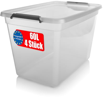 BigDean 4 Stück 60 L Aufbewahrungsbox mit Deckel transparent BPA- frei – stapelbare robuste Aufbewahrungsbox – Aufbewahrungsboxen mit Klickverschluss