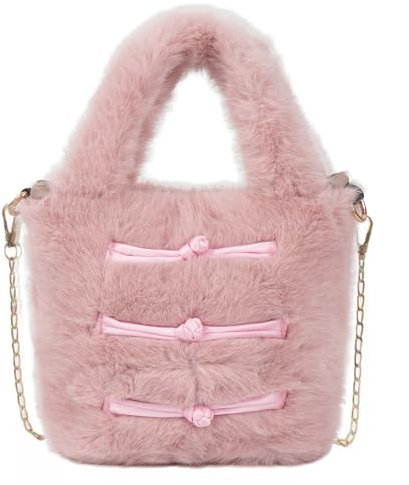 Pandalein Damen Kunstpelz Mini Tote Bag Winter Beuteltasche Flauschig Bucket Bag Plüsch Handtasche Fell Umhängetasche Süße Plüschtasche Henkeltasche mit Kette (Pink)