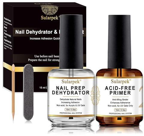 Sularpek 2 Pcs 15ml Nail Dehydrator and Primer, Nail Primer and Nail Dehydrator Set with 1 Nail File & 1 Wooden Stick, Nail Prep, Acid Free Natural Nail Prep Dehydrate for Home DIY and Nail Salon