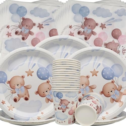 Doyomtoy Vaisselle de fête pour Ours,60Pcs Ours en Peluche Thème Party Vaisselle Assiettes en Papier Serviettes Tasses,Ours Vaisselle Anniversaire pour Anniversaire Décoration de Fête Baby Shower