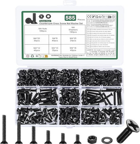 585 Pz Set di Vis M4, Viti Bulloni e Dadi Set, Bulloni Viti a Testa Svasata e Dadi e Rondelle Kit, Bulloni Viti a Testa Piatta a Croce con Dadi, Viti Bulloni a Testa Svasata a Croce(Nero, M4)