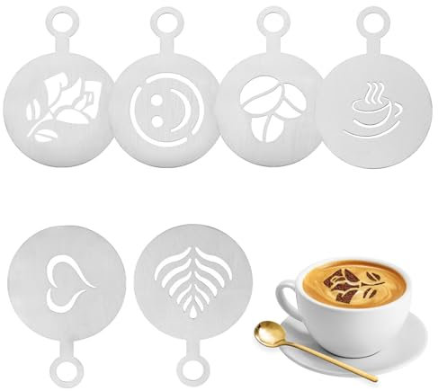 Aiyraa 6 Stück Kaffeeschablone Edelstahl Set, Cappuccino Barista Schablonen Kakao Dekorations Schablone Kaffeezubehör, Tortenschablone, Kaffee Schablonen für Dekorieren von Kaffee, Kuchen, Waffeln
