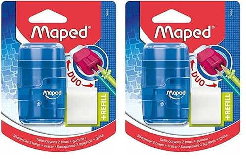 Maped - 2in1 Radier/Anspitzer CONNECT TRANSLUZENT, 2-Loch für dicke und dünne Stifte, nachfüllbar, inkl. 1x Ersatz-Radierer - grün, blau, pink - zufällige Farbauswahl (Packung mit 2)