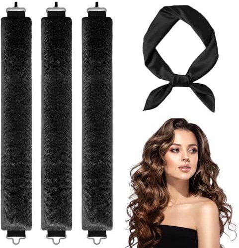 3 Pcs Heatless Curlers & Overnight Blowout Rollers for Hair - No Heat Headband Rods, Salon Waves Overnight Blowout, Velvet Adjustable Styling Kit (Black)