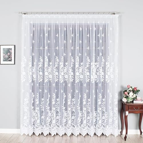 Gardinen Vorhangen Weiß Jacquard 400x180 cm (BxH) Danuta mit Kräuselband Wohnzimmer Küche Schlafzimmer Schiebevorhänge Blumen Muster Eleganten Design