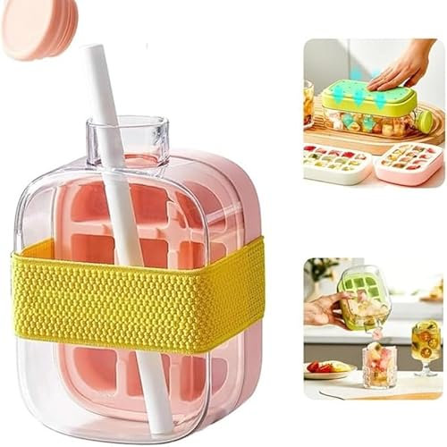 Portable Ice Maker Water Bottle with Straw, 2-in-1 Press-to-Fill Ice Cube Tray | for Home, Outdoor & Office Use, Ideal for Iced Coffee/Juice/Cold Drinks (Pink, 500ML)