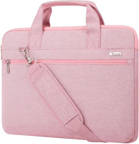Voova Laptop Bag 13.3 Inch, Waterproof Case with Shoulder Strap, Pink | Waterproof Oxford case with soft lining, thick foam, storage pockets, adjustable strap and handle for 13-13.5 inch laptops.
