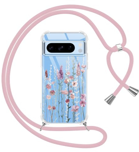 Yoedge Handykette Handyhülle für Google Pixel 8 Pro 5G Hülle mit Band, Durchsichtig Aesthetic Muster Blumen Case mit Kordel zum Umhängen, Weiche Silikon TPU + PC Stoßfest Schutzhülle Cover, 03