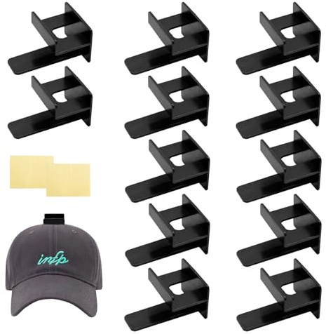 OVBOVA 12 Stück Selbstklebende Huthaken, Cap Halter Wand & Tür Ohne Bohren Cap Halterung, Kappenhalter für Schals Handtaschen Handtücher Kleidung Krawatten mit Haken zum Aufhängen Hutständer (Schwarz)