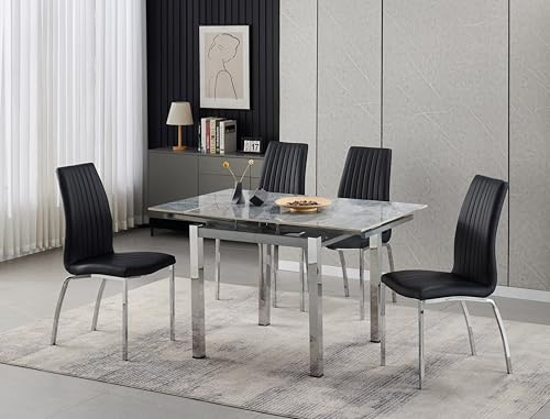 Furnizone UK Piccolo Grey Sintered Stone Extending Dining Table with 4 Modalux Faux Leather Chairs Dining Set (Black)