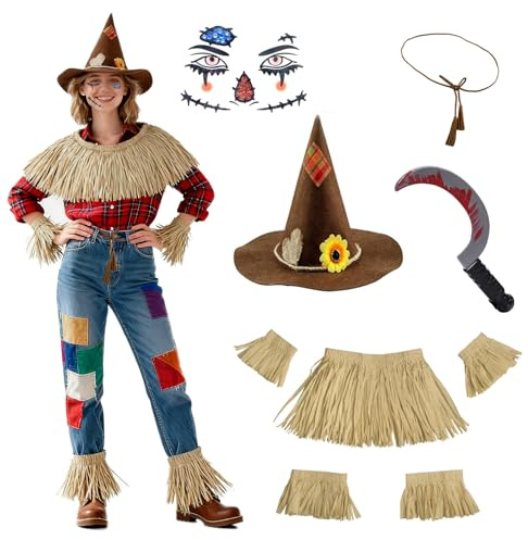 HarnyLoom Vogelscheuche Kostüm Damen, Vogelscheuche Hut mit Taillengürtel Halloween Tattoo Gesicht Sichel Requisiten, Halloween Kostüm Zubehör Damen und Herren für Ernteparty Cosplay