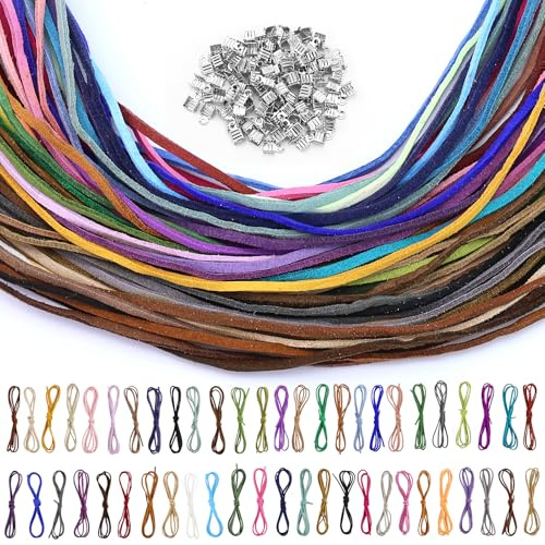 60 Pezzi Nastri in pelle colorati,Stile vintage Nastri,60 Colori Cordino Collane,1 m Filo Braccialetti con 100 Fibbie,Cordoncino Scamosciata Corda Cuoio,per Gioielli,Collana