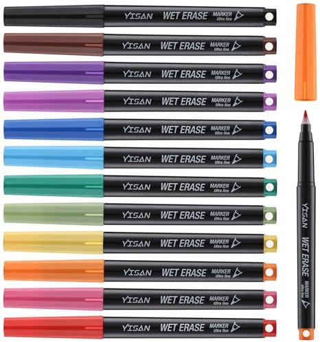YISAN Wasserlöslich Whiteboard Marker Magnetische, 0.7mm Feucht Abwischbar | Whiteboard Stifte Dünn,non-permanent Stifte mit ultrafeiner Spitze,12 Farben,70580