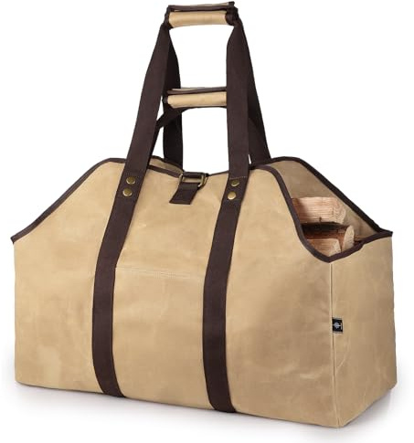 BONTHEE Kaminholzträger XXL, Segeltuch Brennholztasche mit 2 Griffen, 58 x 28 x 45 cm (5_Helles Khaki)