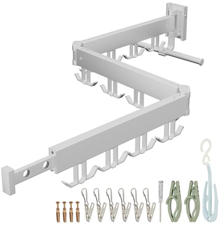Relaxdays Wall-Mounted Clothes Airer, Foldable & Rotatable, HWD: 12 x 127 x 26 cm, Space-Saving Laundry Rack, White