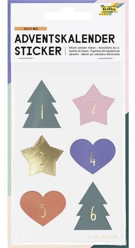 folia 15495 - Adventskalender Sticker JOLLY MIX, 24 Stück in 6 verschiedenen Farben, Aufkleber in weihnachtlichen Motiven, zum Verzieren und Dekorieren