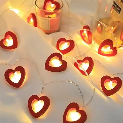 Tech Island Wooden Heart LED String Lights, 8 LEDs, 150cm Length, Red Hearts 4x4.5cm, Battery Operated